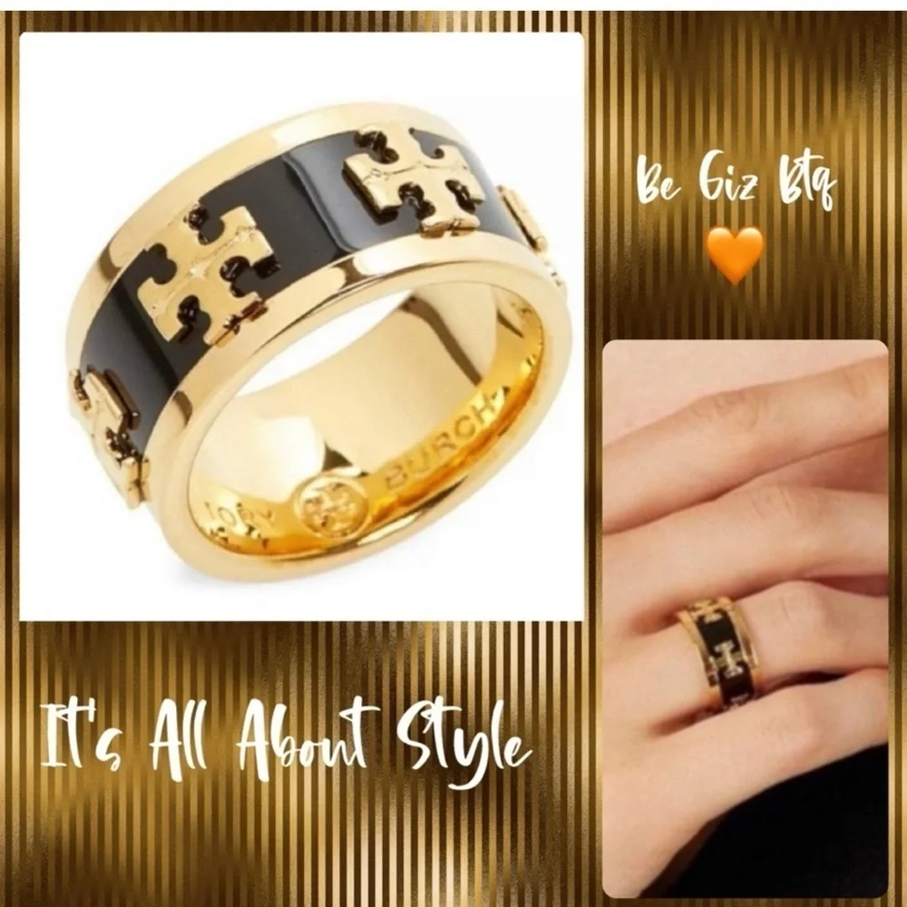 🔥🔥Tory Burch Authentic Wide Band Black Enamel With Gold Raised Logo Ring 7
